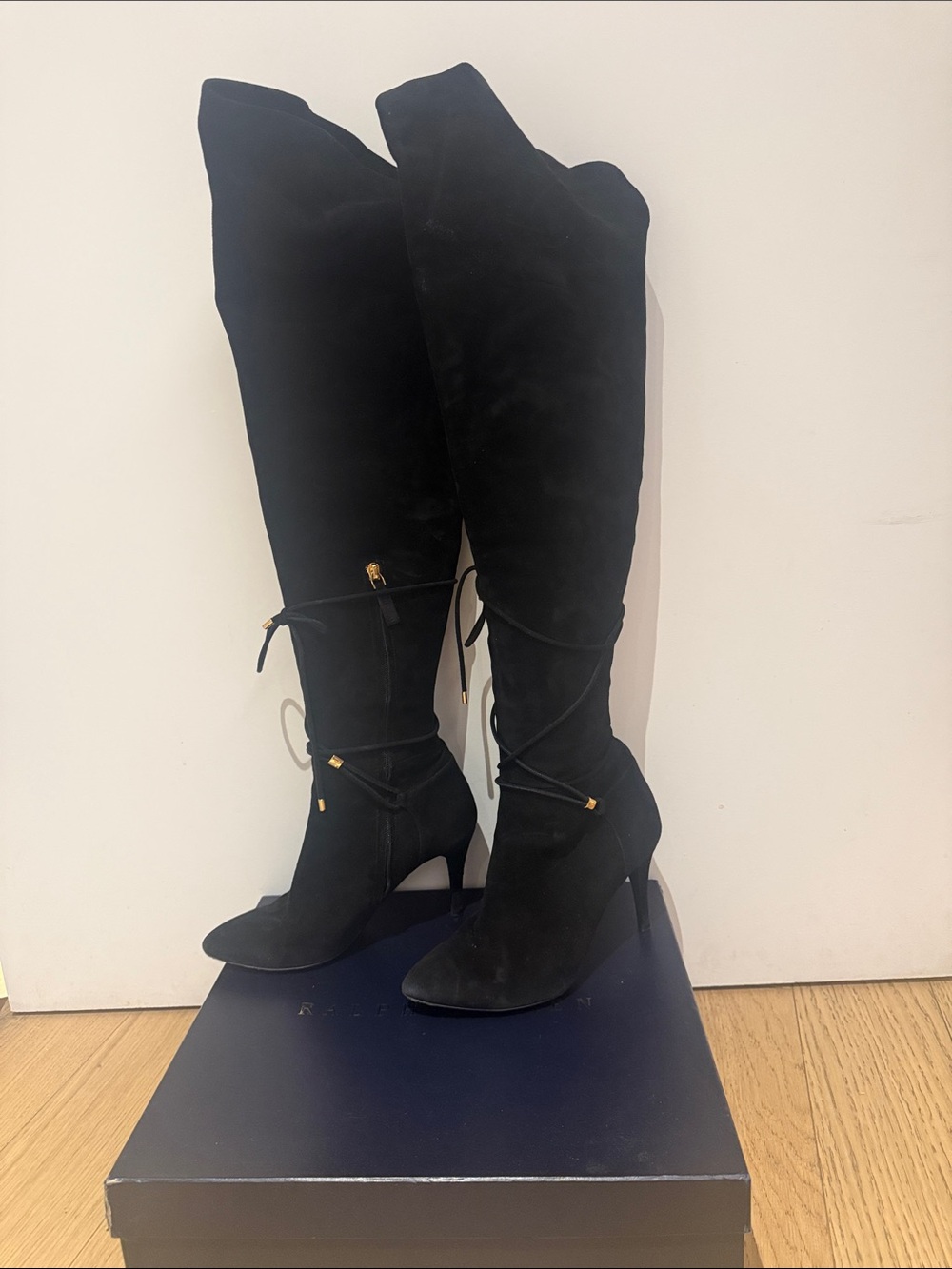 Ralph Lauren Collection - Black Suede Over-the-Knee Stiletto Boots with Wrap Tie